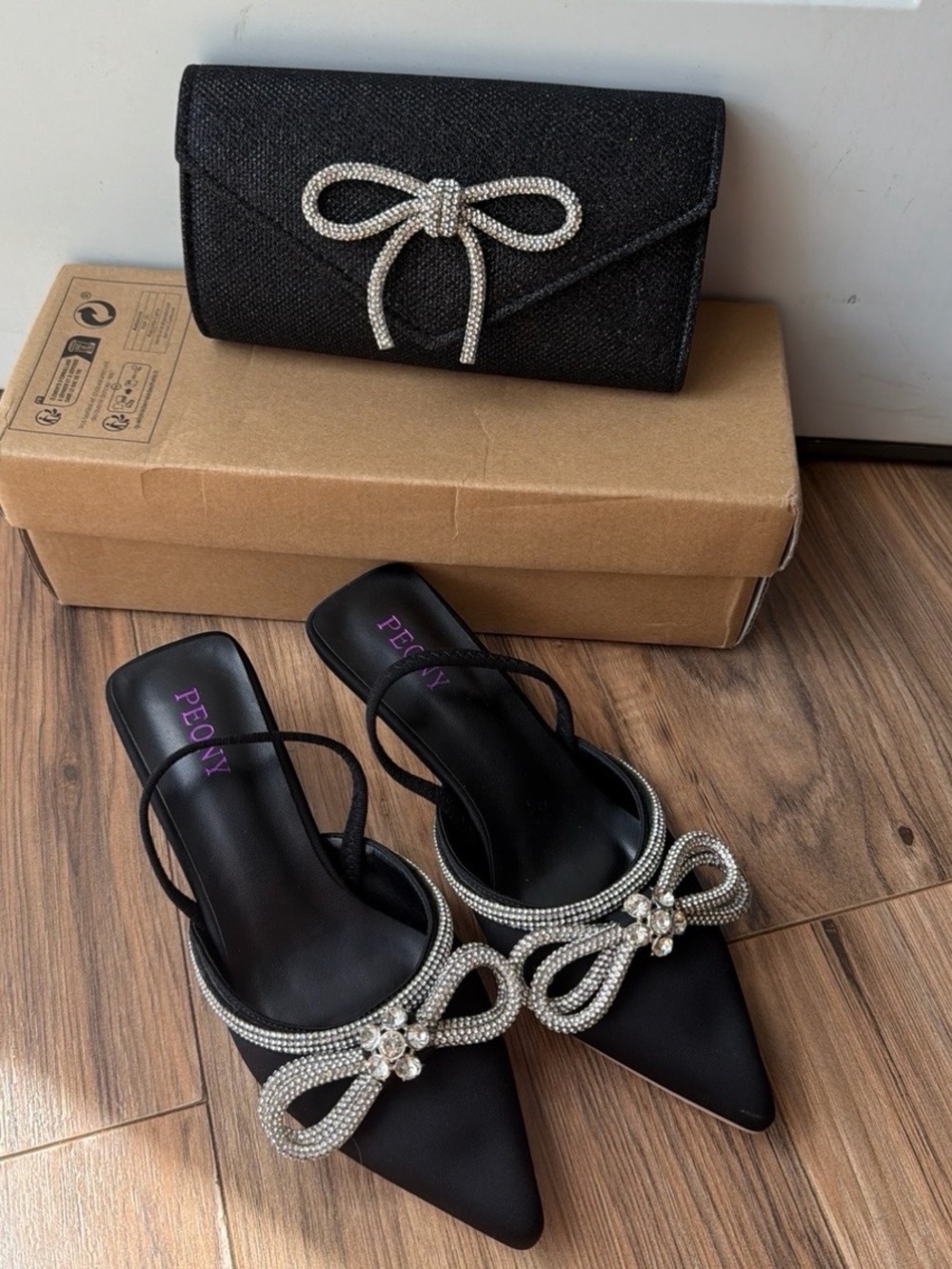 Black Rhinestone Bow Mule Kitten Heels & Matching Clutch Set